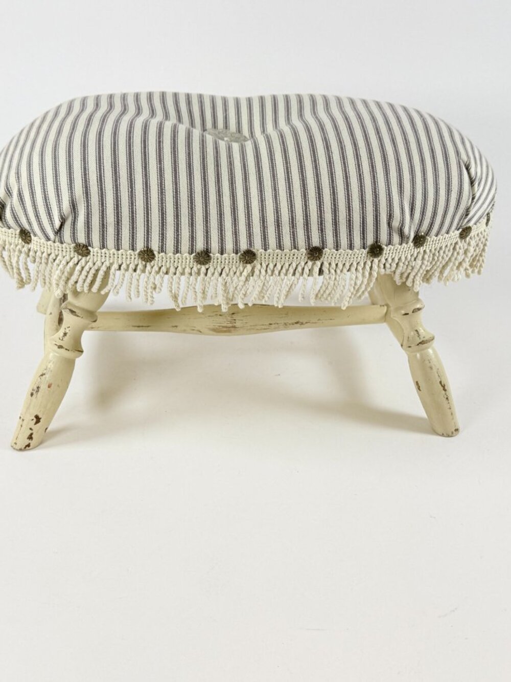 Vintage Upholstered Wood Footstool Ottoman w/Fringe Gray Cream Striped Fabric